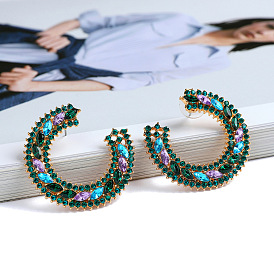 Fashionable C-shaped Hollow Alloy Full Diamond Earrings for Women Street Snap All-match High-end Sense Ear Jewelry