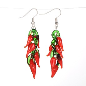 Trendy Women's Dangling Lampwork  Earrings, with Brass Earring Hooks, Silver Color Plated, 66mm, Pin: 0.7mm