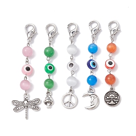 Cat Eye & Resin Evil Eye Round Pendant Decorations, with Alloy Lobster Claw Clasps, Mixed Shapes