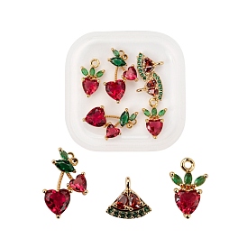 6Pcs Brass Micro Pave Colorful Cubic Zirconia Pendants, Long-Lasting Plated, Cherry, Strawberry, Watermelon