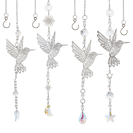4шт. стеклянные и нержавеющие подвесные ловцы солнца в виде колибри, с 304 кабельными цепочками из нержавеющей стали