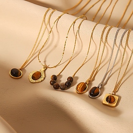 Natural Tiger Eye Pendant Necklaces, Stainless Steel Chain Necklaces