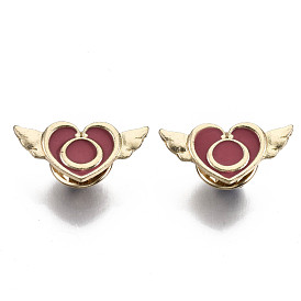 Alloy Brooches, Enamel Pin, with Brass Butterfly Clutches, Heart with Wing, Light Gold