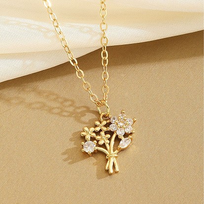 Подвеска в виде цветочного букета из прозрачных кубических цирконий, инкрустированная латунью, цепочка из сплава для женщин.