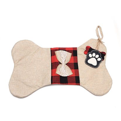 Calcetines de tela con forma de hueso, bolsas de regalo para mascotas a cuadros, decoración de fiesta de navidad