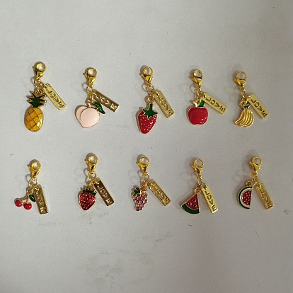 10 piezas 10 estilo fruta tema aleación esmalte colgante decoraciones, con colgante de latón con la palabra amor y 304 cierres de pinza de langosta de acero inoxidable, dijes con clip