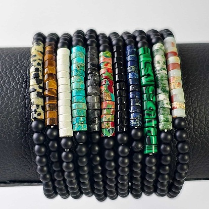Bracelets extensibles en perles heishi de 2 mm et en onyx noir givré rond (teint et chauffé) pour femmes et hommes