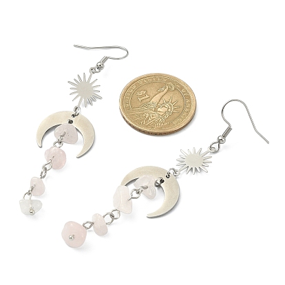 Natural & Synthetic Mixed Gemstone Chips Tassel Dangle Earrings, Brass Sun & 201 Stainless Steel Moon Long Drop Earrings