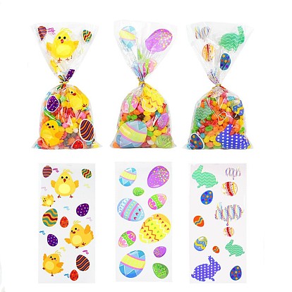 50Pcs Easter Theme Transparent Plastic Storage Bags, for Party Candy, Cookies Packaging, Rectangle with Rabbit/Chick/Egg Pattern