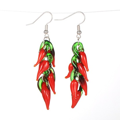 Trendy Women's Dangling Lampwork  Earrings, with Brass Earring Hooks, Silver Color Plated, 66mm, Pin: 0.7mm