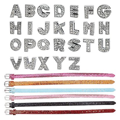 Kits de pulseras y cinturones para relojes con letras DIY, con correa de reloj de cuero de pu, cierres de hierro y dijes de diapositivas de letras de diamantes de imitación de aleación