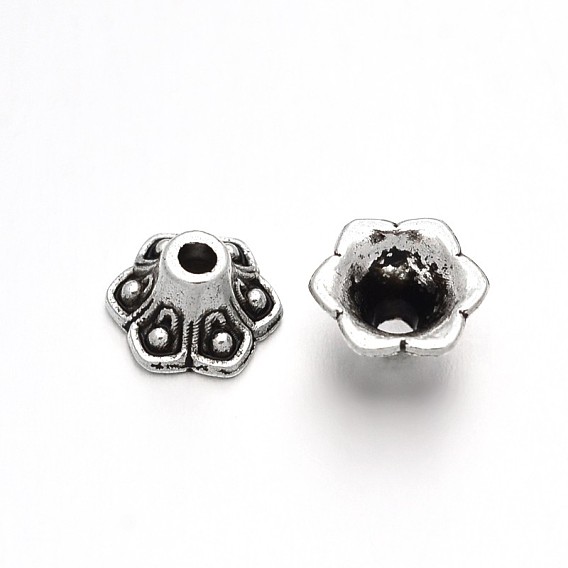 6-Petal Flower Tibetan Style Alloy Bead Caps, 9x5mm, Hole: 2mm