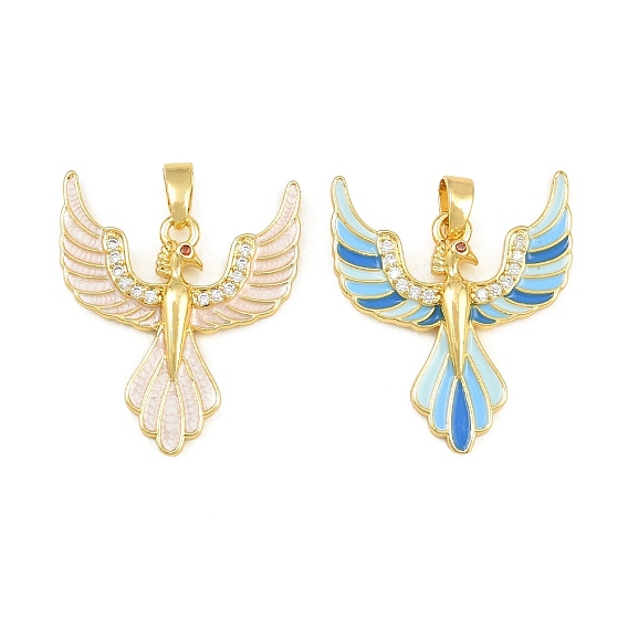 Brass Micro Pave Orange Red Cubic Zirconia with Enamel Pendants, Phenix Charms, Real 18K Gold Plated