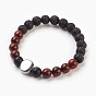 Natural Gemstone Stretch Bracelets, with 304 Stainless Steel Beads, Flat Round