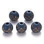 Painted Natural Wood Beads, Laser Engraved Pattern, Round with Flower Pattern