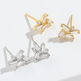 Minimalist Geometric Windmill Zirconia Stud Earrings, 14K Gold Plated Copper Ear Rings