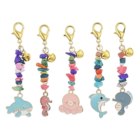 Marine Animal Alloy Enamel & Iron Bell Pendant Decorations, Synthetic Turquoise Chips and Zinc Alloy Lobster Claw Clasps Charms, Mixed Shapes