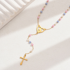 Golden ToneStainless Steel and Plastic Beaded Heart Cross Tassel Y Necklaces, Rosary Bead Necklaces for Women Fashion