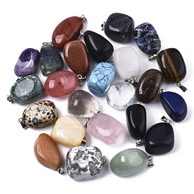Natural & Synthetic Mixed Gemstone Pendants, with Stainless Steel Pinch Bails, Tumbled Stone, Nuggets, Stainless Steel Color