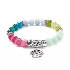 Natural Chalcedony Round Beads Bracelet, Curved Tube Beads and Tree of Life Alloy Charm Stretch Bracelet for Girl Women, Antique Silver