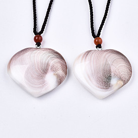Natural Shell Fossil Pendant Necklaces, Slider Necklaces, with Random Color Polyester Cords, Heart