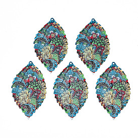 430 Stainless Steel Big Pendants, Spray Painted, Etched Metal Embellishments, Leaf with Plant Pattern