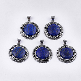 Natural Lapis Lazuli Pendants, with Alloy Findings, Flat Round, Antique Silver