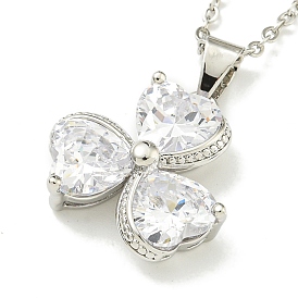 304 Stainless Steel Cable Chain Necklaces, Brass Clear Cubic Zirconia Clover Pendant Necklaces