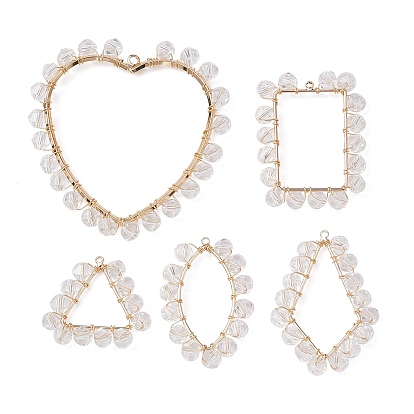 5Pcs 5 Style Brass with Glass Beads Pendants, Heart & Rectangle & Triangle & House Eye & Kite Charms