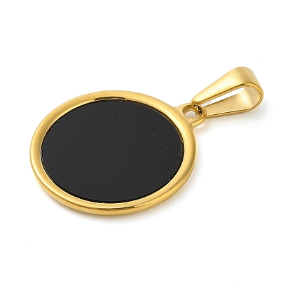 Resin Flat Round Pendants, Golden Tone 304 Stainless Steel Charms