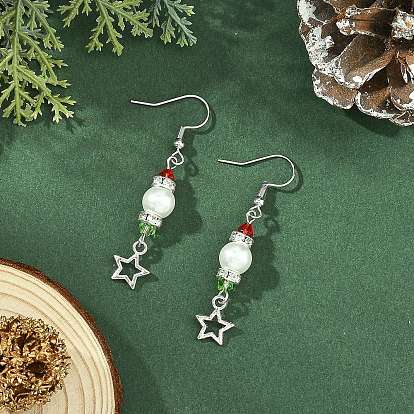 Christmas Imitation Austrian Crystal Beads & 304 Stainless Steel Snowman Dangle Earrings, with Glass Pearl Beads, Brass Grade A Crystal Rhinestone Beads