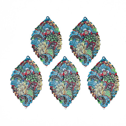 430 Stainless Steel Big Pendants, Spray Painted, Etched Metal Embellishments, Leaf with Plant Pattern
