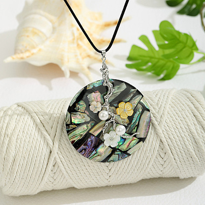 Женские ожерелья с плоским круглым кулоном из натуральной ракушки пауа и цветка из смолы, черного вощеного шнура