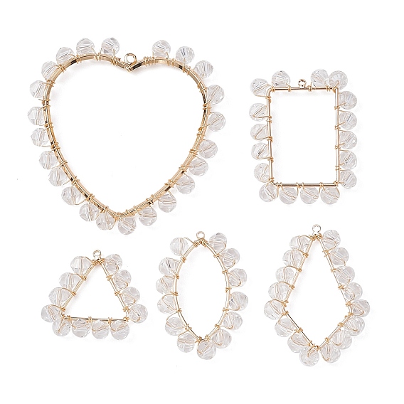 5Pcs 5 Style Brass with Glass Beads Pendants, Heart & Rectangle & Triangle & House Eye & Kite Charms
