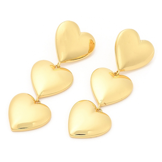 Rack Plating Brass Triple Heart Dangle Stud Earrings, Lead Free & Cadmium Free