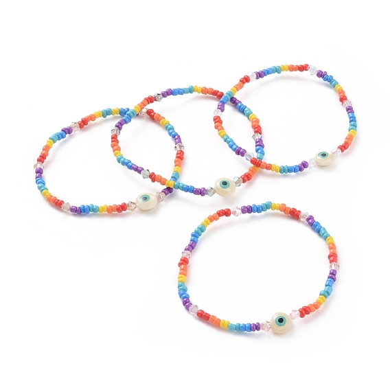 Baking Paint Glass Seed Beads Stretch Bracelets, with Glass Beads and Freshwater Shell Beads, Evil Eye
