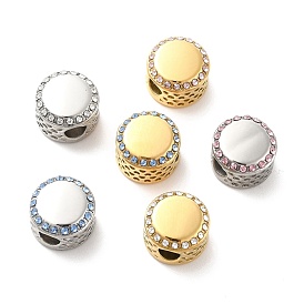 304 Stainless Steel European Beads, with Rhinestone, Large Hole Beads, Flat Round