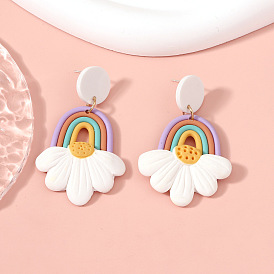 Серьги-гвоздики из полимерной глины с подвесками, радуга с цветком, платина