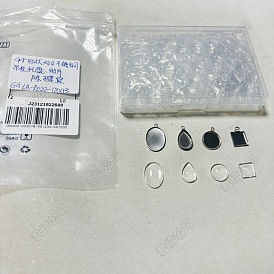 Rohling-Anhänger-Bastelset zum Selbermachen, einschließlich ovaler, tropfenförmiger, quadratischer und flacher runder 304 Anhänger-Cabochonfassungen aus Edelstahl, Glas cabochons