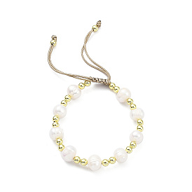 Adjustable Natural Pearl & Brass Braided Beaded Bracelet for Women