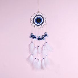 Handmade Woven Net/Web with Feather Wall Hanging Decoration, with Iron Bell and Evil Eye Bead, for Home Decoration