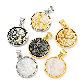 Natural Shell Carved Cameo Lady Pendants, Rack Plating Brass Flat Round Charms