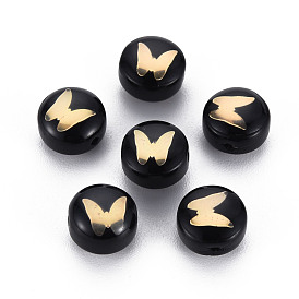 Handmade Lampwork Beads, with Golden Plated Brass Etched Metal Embellishments, Flat Round with Butterfly