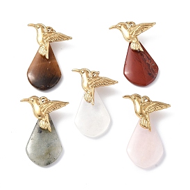 Natural Gemstone Pendants, Teardrop Charms, with Ion Plating(IP) Golden Tone 304 Stainless Steel Bird Findings