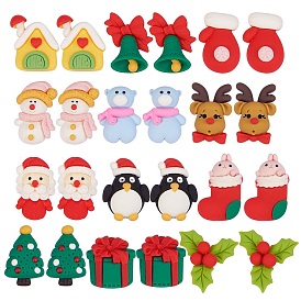 24Pcs 12 Style Resin Cabochons, Christmas Theme, Santa Claus & House & Christmas Tree & Snowman & Jingle Bell & Gift & Bear & Elk & Flower & Stocking with Rabbit & Penguin & Glove