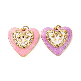 304 нержавеющей стальной эмали подвески, со стразами и прыгающим кольцом, ионное покрытие (ip), сердце с цветочным шармом, реальный 18 k позолоченный