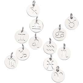 304 подвески из нержавеющей стали, лазерная резка, плоский круглый с созвездием / знак зодиака