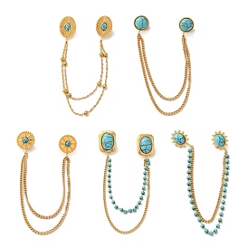 304 Stainless Steel Pave Dyed Synthetic Turquoise Hanging Chain Brooch, Golden