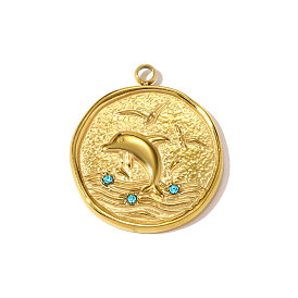 304 из нержавеющей стали горный хрусталь подвески, плоский круглый с подвесками в виде дельфинов, ионное покрытие (ip), зеркальная полировка