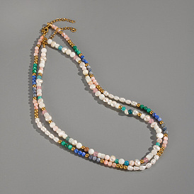 Summer 304 Stainless Steel & Natural Mixed Stone & Freshwater Pearl Beaded Necklaces for Women, Golden